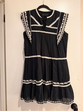 Zara Black Embroidered Tiered Dress with Ivory Embroidery and Lace Small